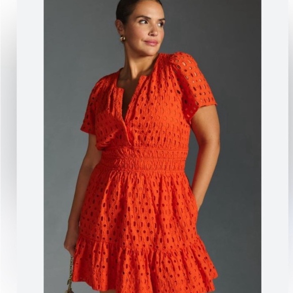 Anthropologie Dresses & Skirts - Anthropologie The Somerset Mini Dress: Eyelet Hot Bright Coral Orange